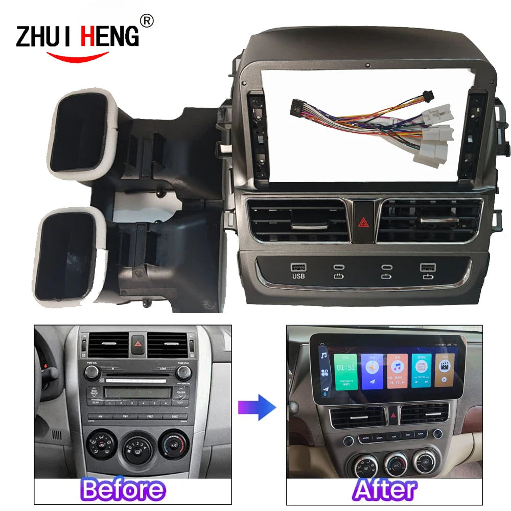 12.3inch Android car radio frame For TOYOTA Corolla 2008-2012 auto video fascia Panel Dashboard Harness Adapter fast charging